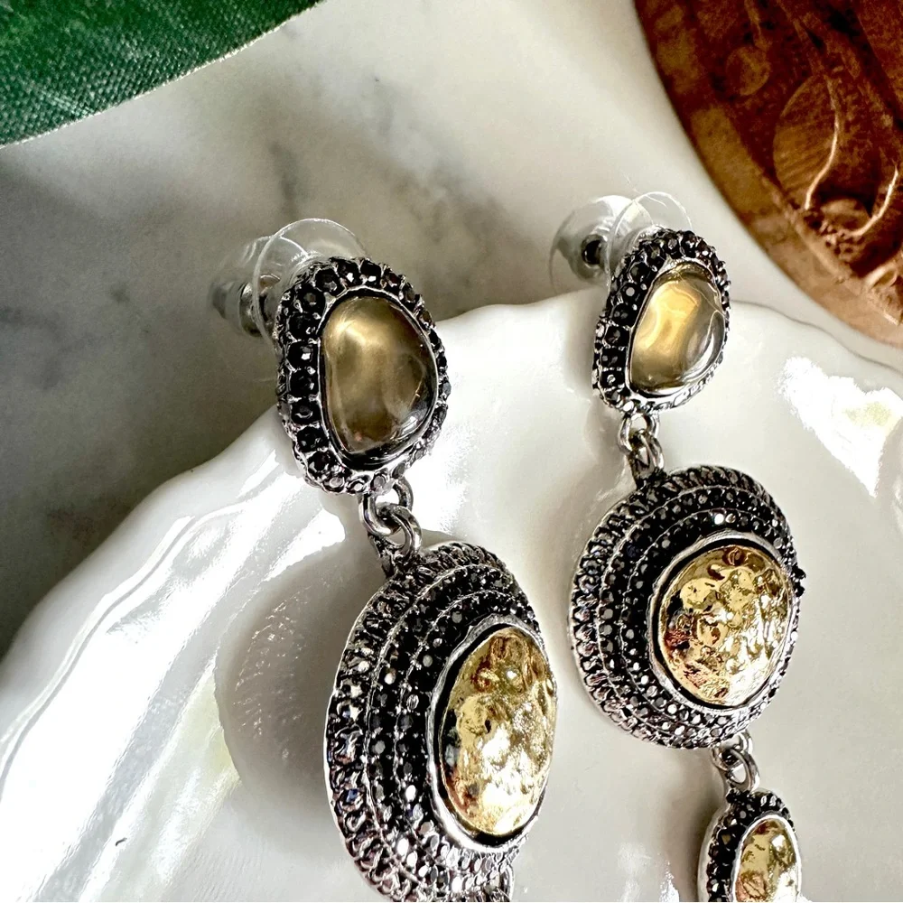 2/$30🌵 Antiqued Silver & Gold Neutral Stone Earrings Hammered Bohemian Gift NEW